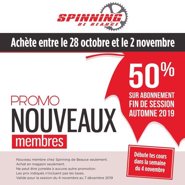 50% sur un abonnement (1 x semaine) payez 27,08$ au lieu de 54,16$ | Spinning de Beauce